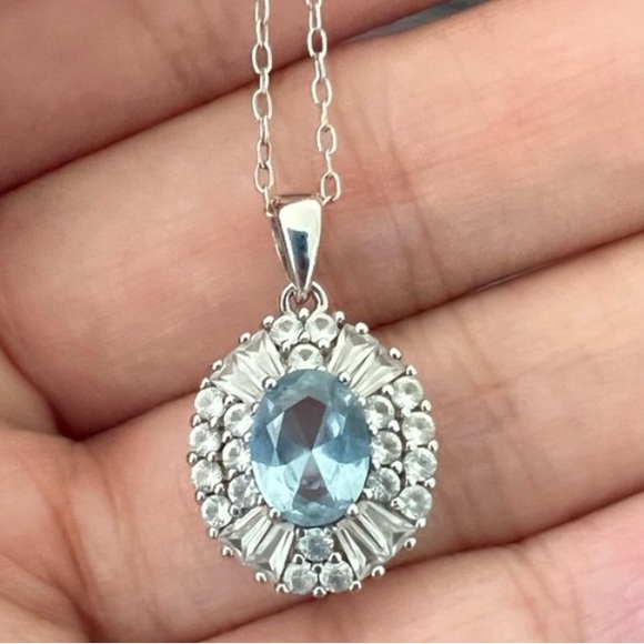 $250 Lab Created Aquamarine and White Sapphire Pendant new in Box - Picture 2 of 5